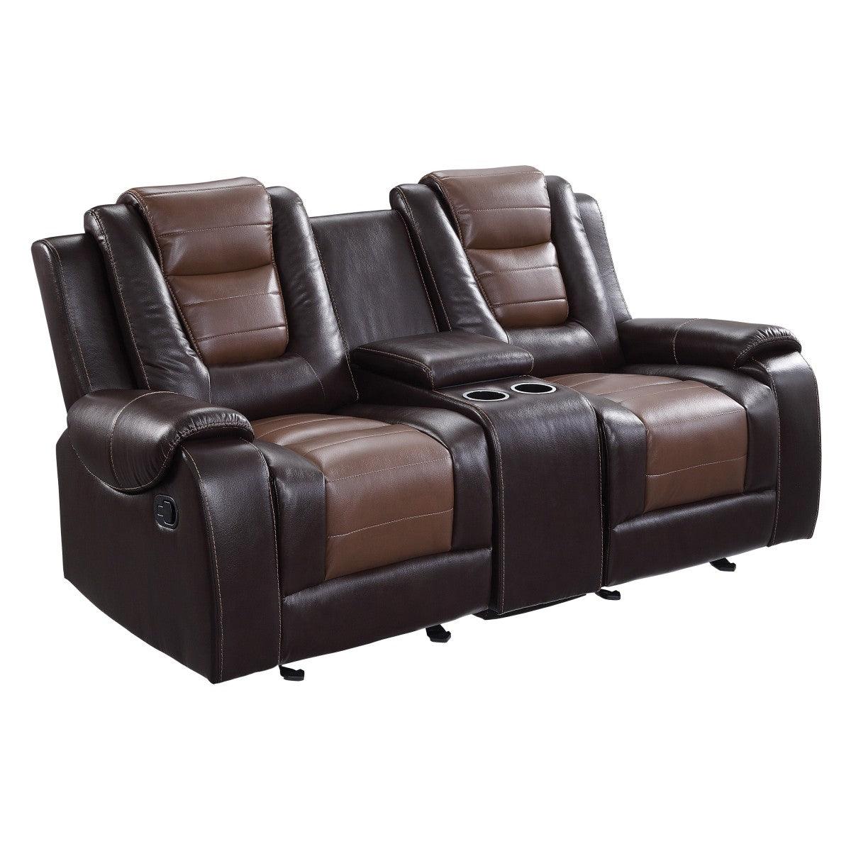 Side angle of Briscoe dark brown two-tone faux leather reclining loveseat