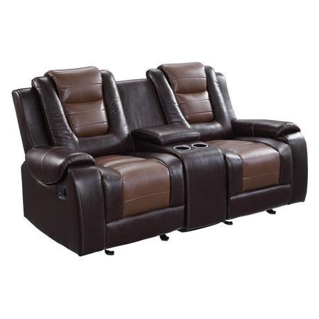 Side angle of Briscoe dark brown two-tone faux leather reclining loveseat