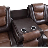 Briscoe 2-Tone Light Brown and Dark Brown Faux Leather Double Reclining Sofa close up of center drop-down table with cup holders