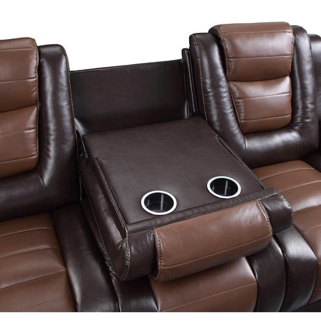 Briscoe 2-Tone Light Brown and Dark Brown Faux Leather Double Reclining Sofa close up of center drop-down table with cup holders