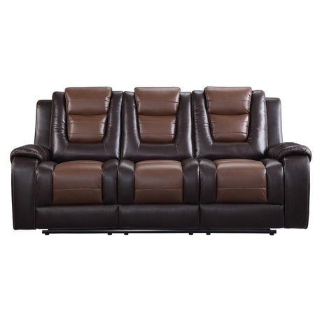 Briscoe 2-Tone Light Brown and Dark Brown Faux Leather Double Reclining Sofa frontal view