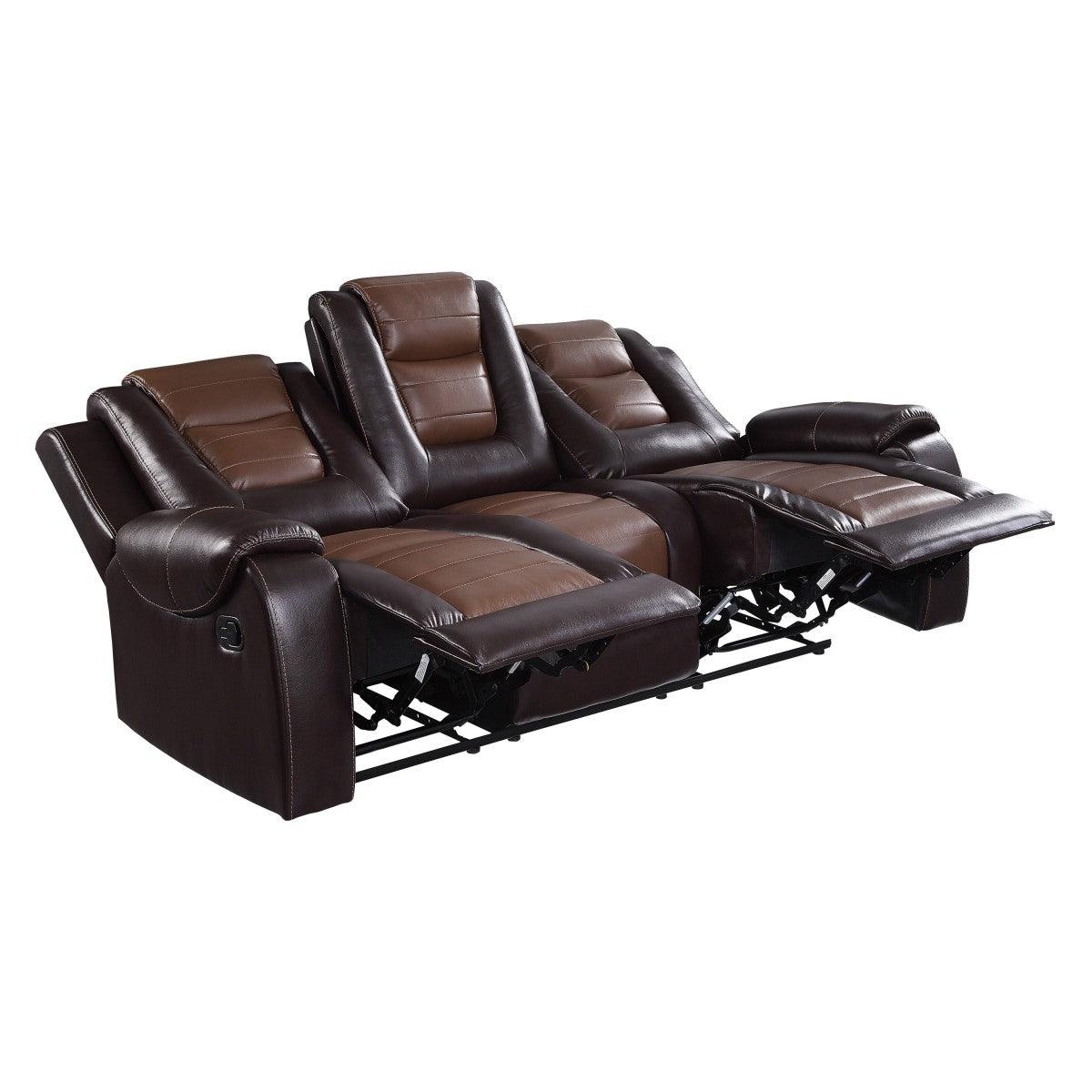 Briscoe 2-Tone Light Brown and Dark Brown Faux Leather Double Reclining Sofa reclining position with center table down