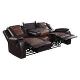 Briscoe 2-Tone Light Brown and Dark Brown Faux Leather Double Reclining Sofa fully reclined with cup holders visible