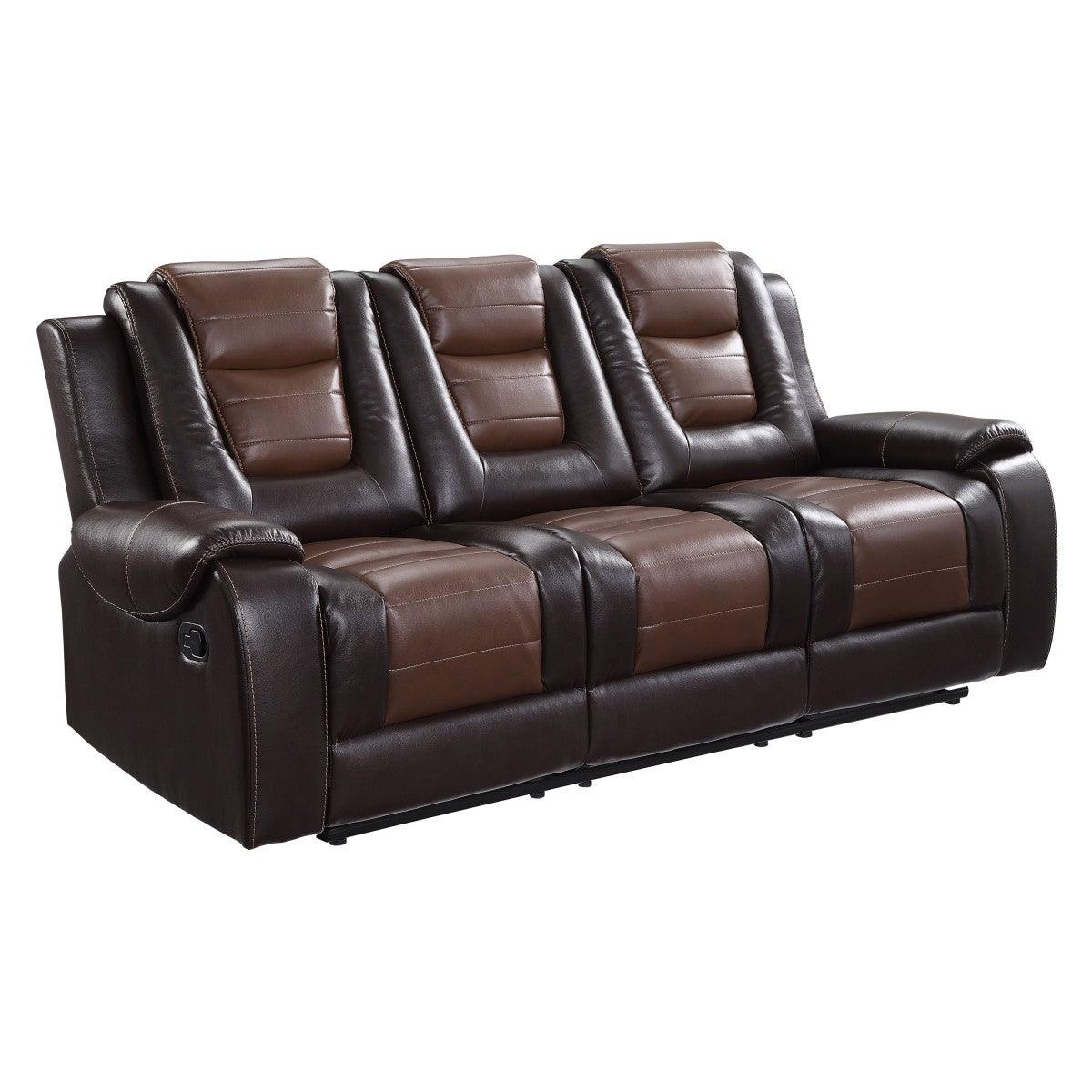 Briscoe 2-Tone Light Brown and Dark Brown Faux Leather Double Reclining Sofa side view