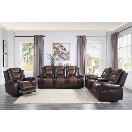 Briscoe 2-Tone Light Brown and Dark Brown Faux Leather Double Reclining Sofa seating detail