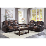 Briscoe 2-Tone Light Brown and Dark Brown Faux Leather Double Reclining Sofa seating angle showing upholstery