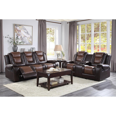 Briscoe 2-Tone Light Brown and Dark Brown Faux Leather Double Reclining Sofa seating angle showing upholstery