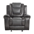 Briscoe Glider Reclining Chair in light and dark gray faux leather, front angle