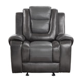 Briscoe Glider Reclining Chair in light and dark gray faux leather, front angle