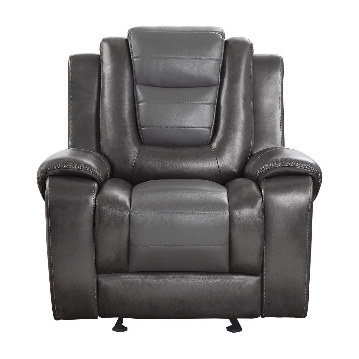 Briscoe Glider Reclining Chair in light and dark gray faux leather, front angle
