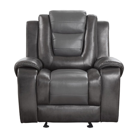 Briscoe Glider Reclining Chair in light and dark gray faux leather, front angle