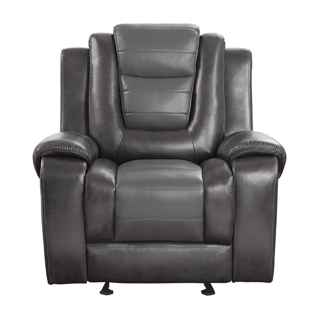 Briscoe Glider Reclining Chair in light and dark gray faux leather, front angle
