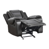 Fully reclined view of Briscoe Glider Reclining Chair demonstrating extended length