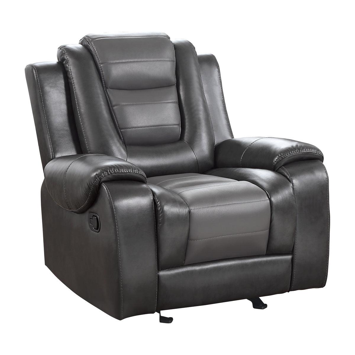 Side view of Briscoe Glider Reclining Chair with light and dark gray upholstery
