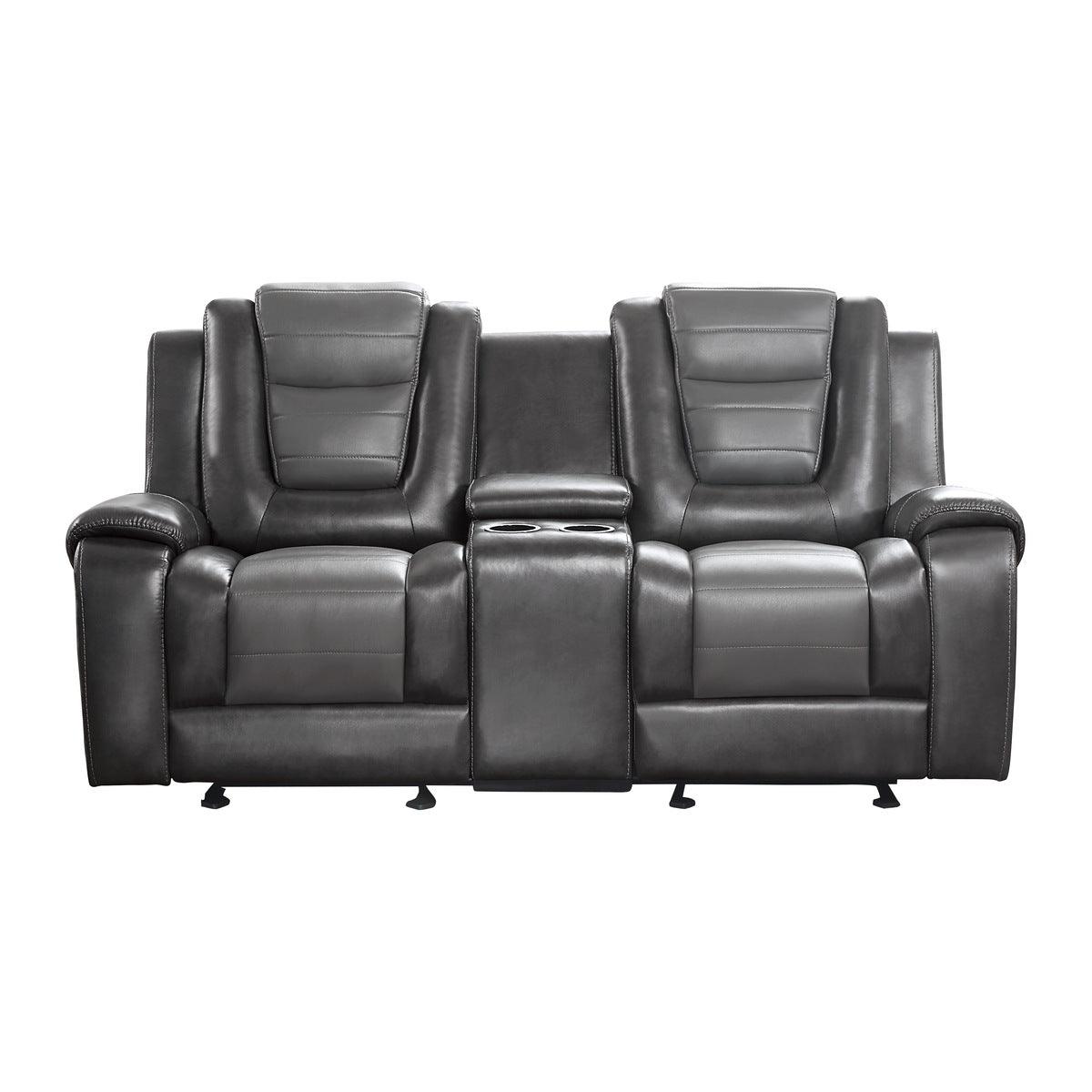 Briscoe gray faux leather double glider reclining loveseat front angle