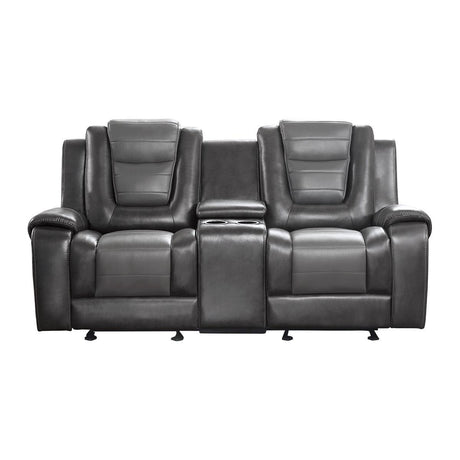 Briscoe gray faux leather double glider reclining loveseat front angle