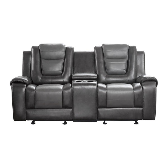 Briscoe gray faux leather double glider reclining loveseat front angle
