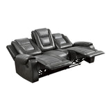 Reclined position of Briscoe Gray Faux Leather Reclining Sofa