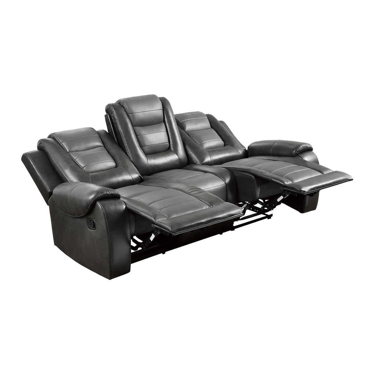 Reclined position of Briscoe Gray Faux Leather Reclining Sofa