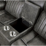 Center console of Centeroak brownish gray microfiber loveseat with cup holders