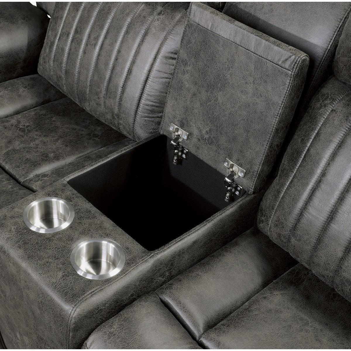 Center console of Centeroak brownish gray microfiber loveseat with cup holders