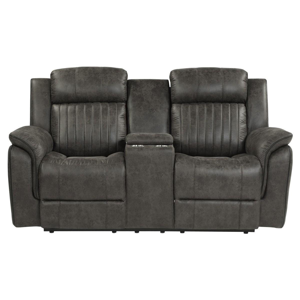 Centeroak brownish gray microfiber double reclining loveseat front view