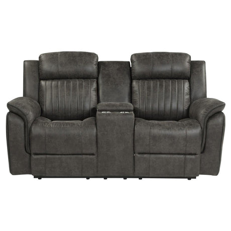 Centeroak brownish gray microfiber double reclining loveseat front view