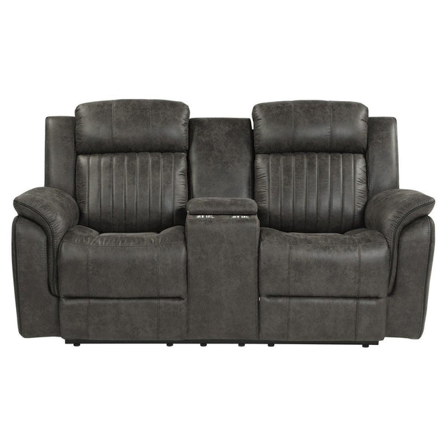 Centeroak brownish gray microfiber double reclining loveseat front view
