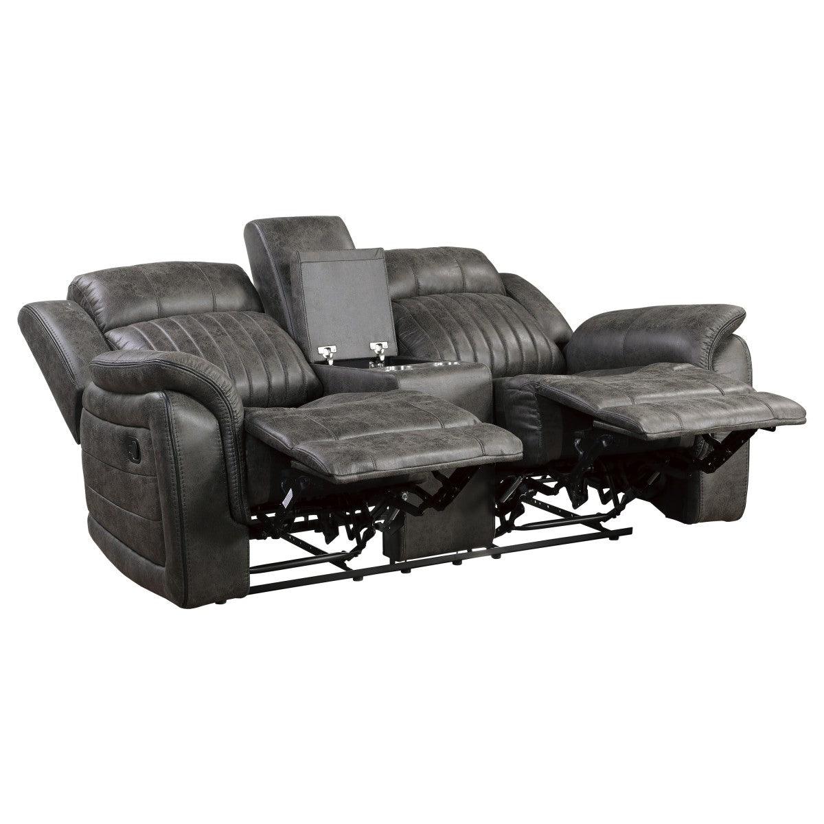 Centeroak loveseat open with recliners extended and center console visible