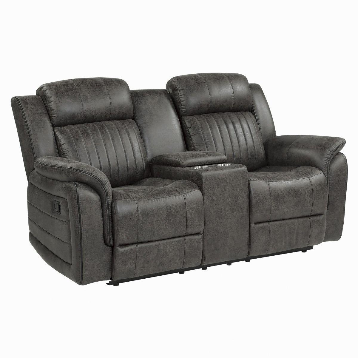 Centeroak brownish gray microfiber double reclining loveseat side view
