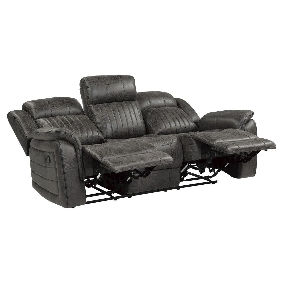 Centeroak Brownish Gray Double Reclining Sofa fully reclined position
