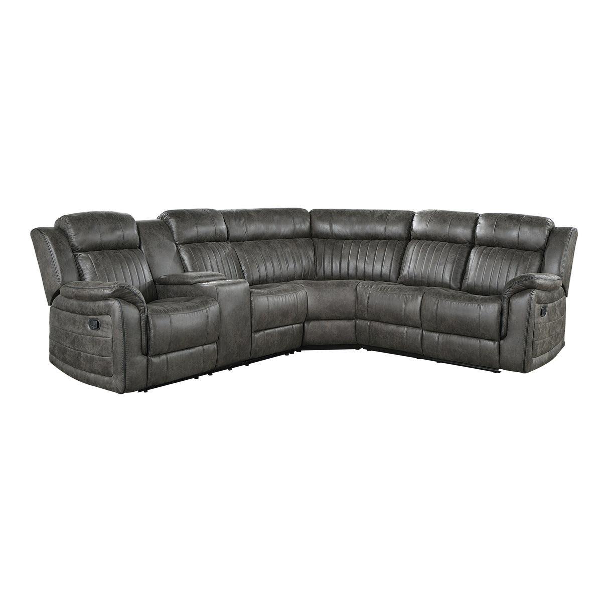 Centeroak reclining sectional brownish gray fabric left console front angle