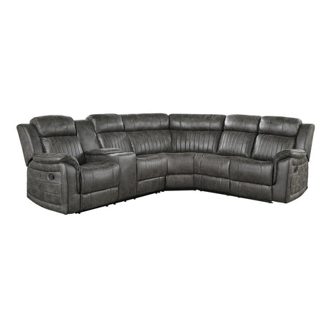 Centeroak reclining sectional brownish gray fabric left console front angle