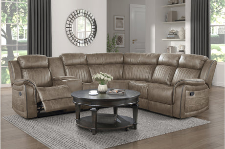 Centeroak Brown Gray Faux Leather Reclining Sectional sofa, seat close-up