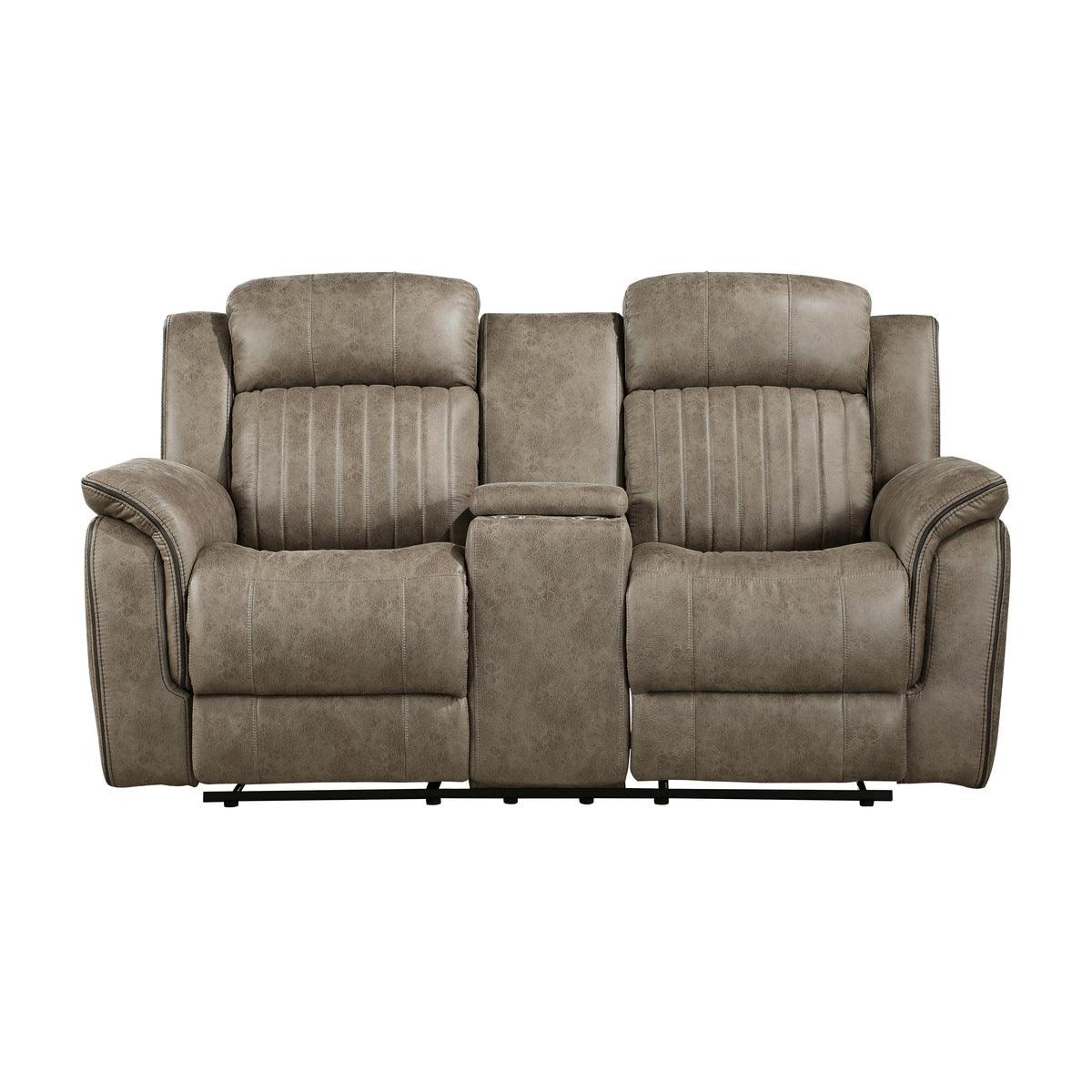 Centeroak Sandy Brown microfiber double reclining loveseat front view