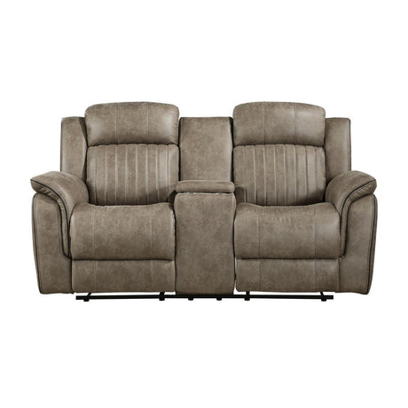 Centeroak Sandy Brown microfiber double reclining loveseat front view