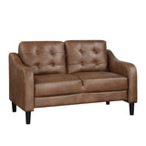 Button-tufted seat back and contoured arms of loveseat