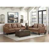 Exposed black faux wood finish feet of loveseat
