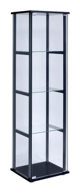 Cyclamen curio cabinet side angle showcasing glass shelves