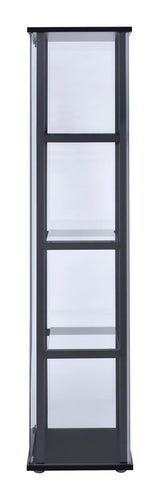 Interior view showing four glass shelves with decor