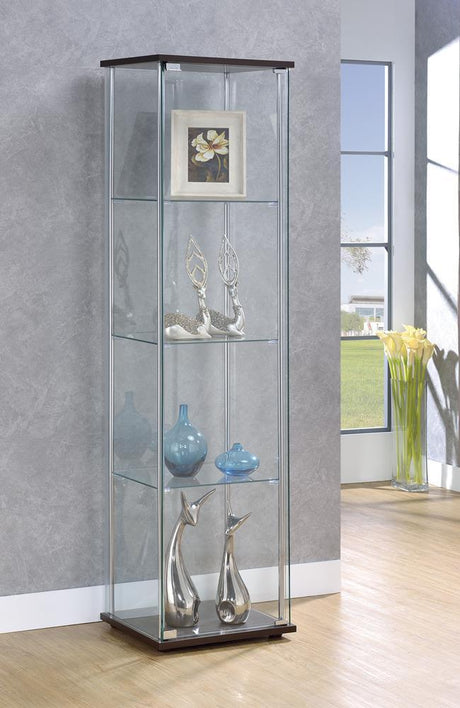Bellatrix Curio Cabinet front view showcasing cappuccino finish and glass shelves