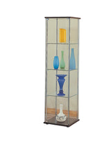 Side angle of Bellatrix 4-shelf curio cabinet with chrome metal beams