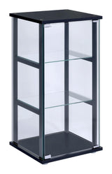 Side view of Cyclamen black and clear glass curio cabinet