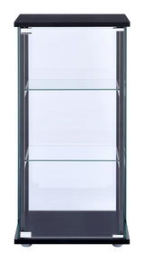 Close-up of tempered glass shelves inside Cyclamen curio cabinet