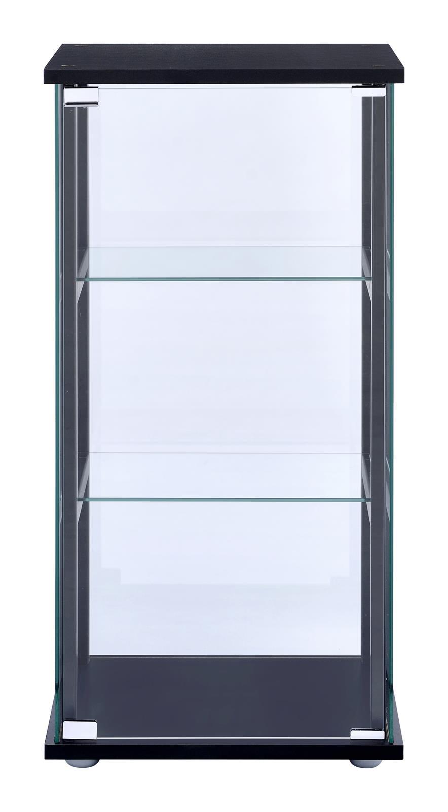Close-up of tempered glass shelves inside Cyclamen curio cabinet