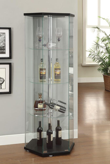 Zahavah hexagon 4-shelf curio cabinet black and clear front angle