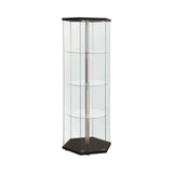 Zahavah hexagon curio cabinet side view showing glass shelves