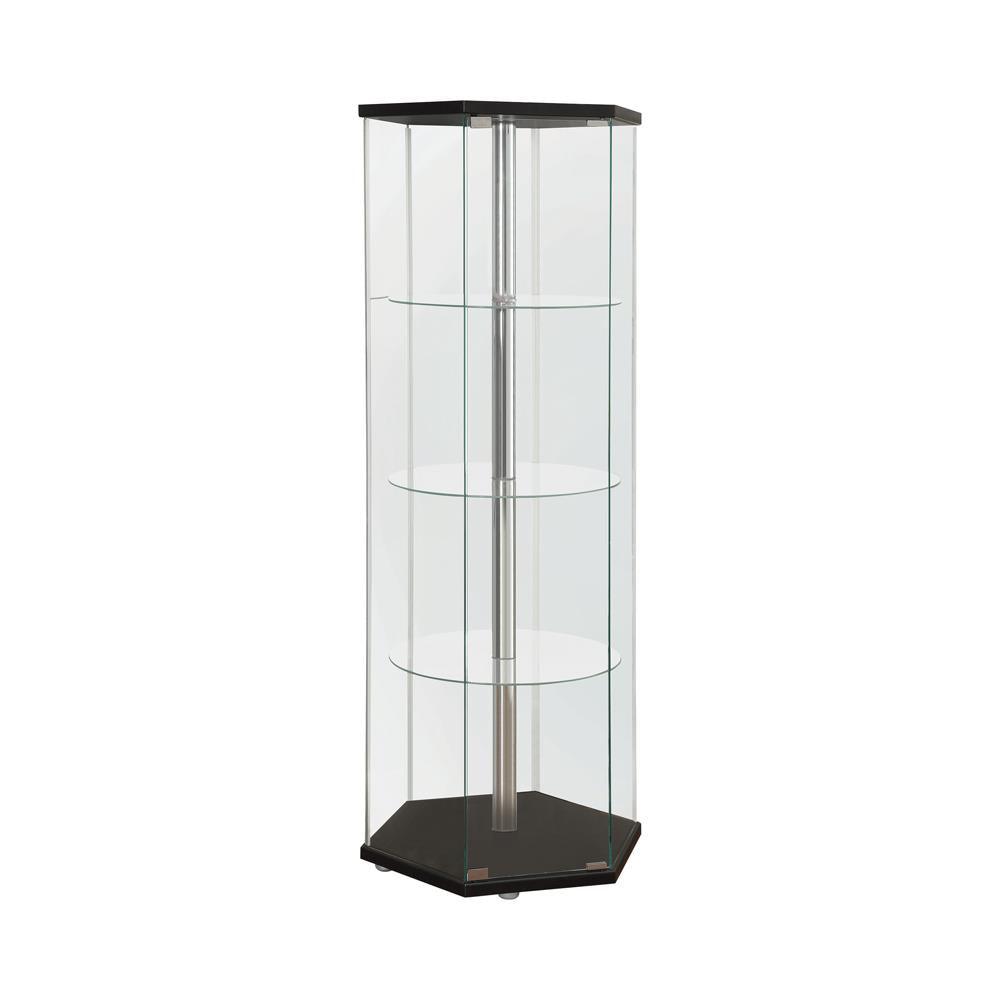 Zahavah hexagon curio cabinet side view showing glass shelves