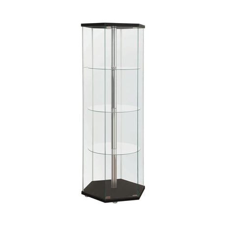 Zahavah hexagon curio cabinet side view showing glass shelves