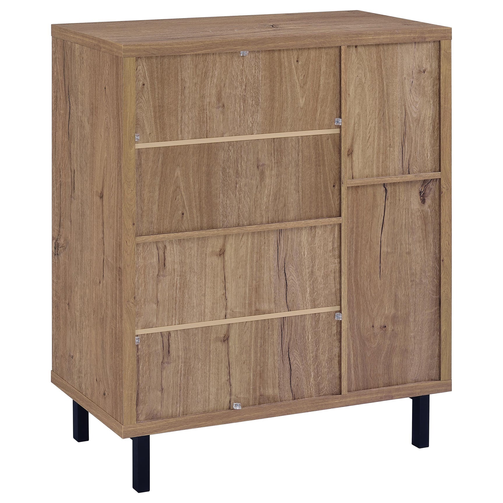 Black metal leg with plastic glide on shoe cabinet